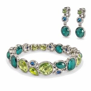 Vintage Napier Green Blue Glass Stretch Bracelet Clip Earrings Silver Tone